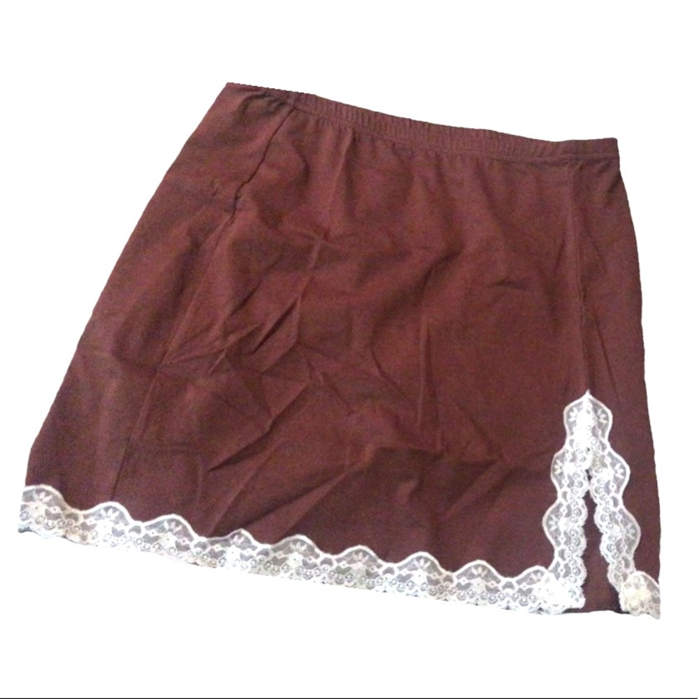 New Casual Boho Coffee Brown Colorblock Lace Trim Split Hem Bodycon Skirt - Picture 9 of 10